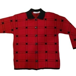 Karen Lessly Red and Black Button up Sweater Petite Medium